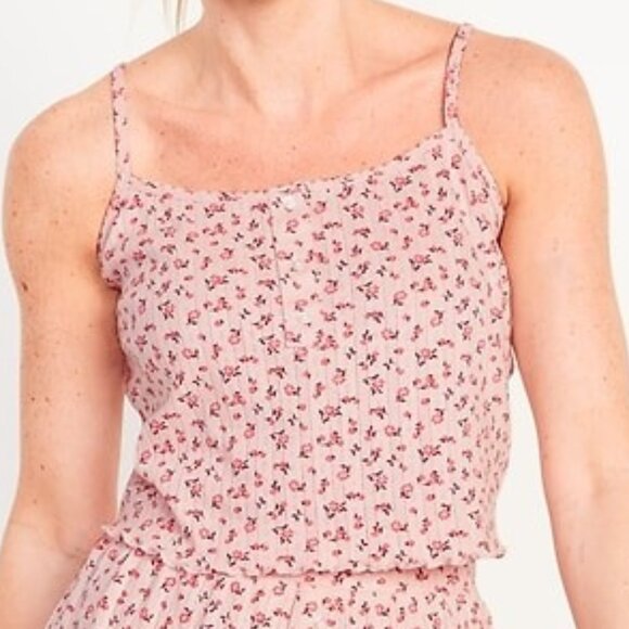 Old Navy Pointelle Henley Tank Top Cropped Cami Pajama Sleeveless Pink Floral - Picture 1 of 6